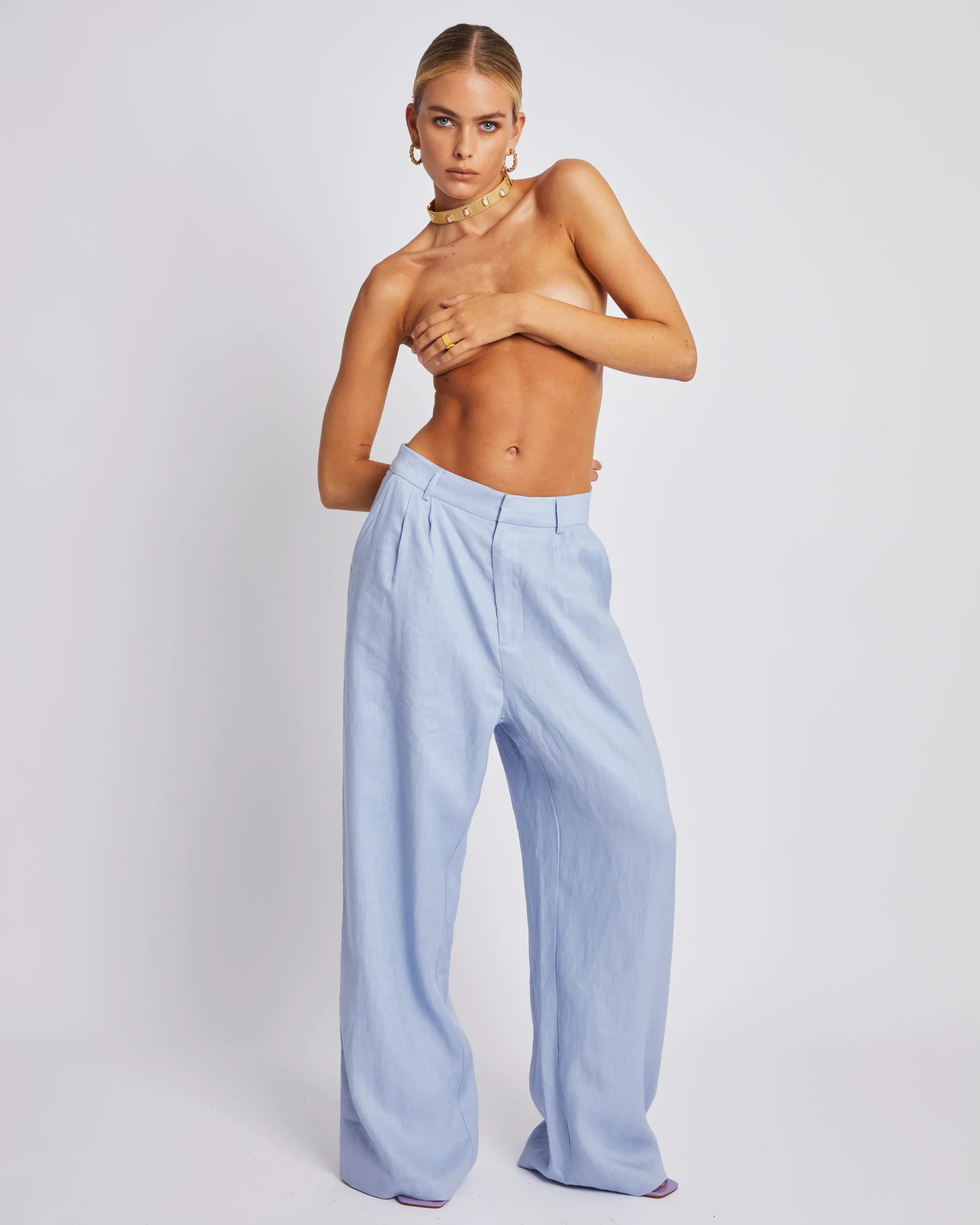 SUMMI SUMMI Womens Wide Leg  Linen Trousers - Alice Blue - Image 9