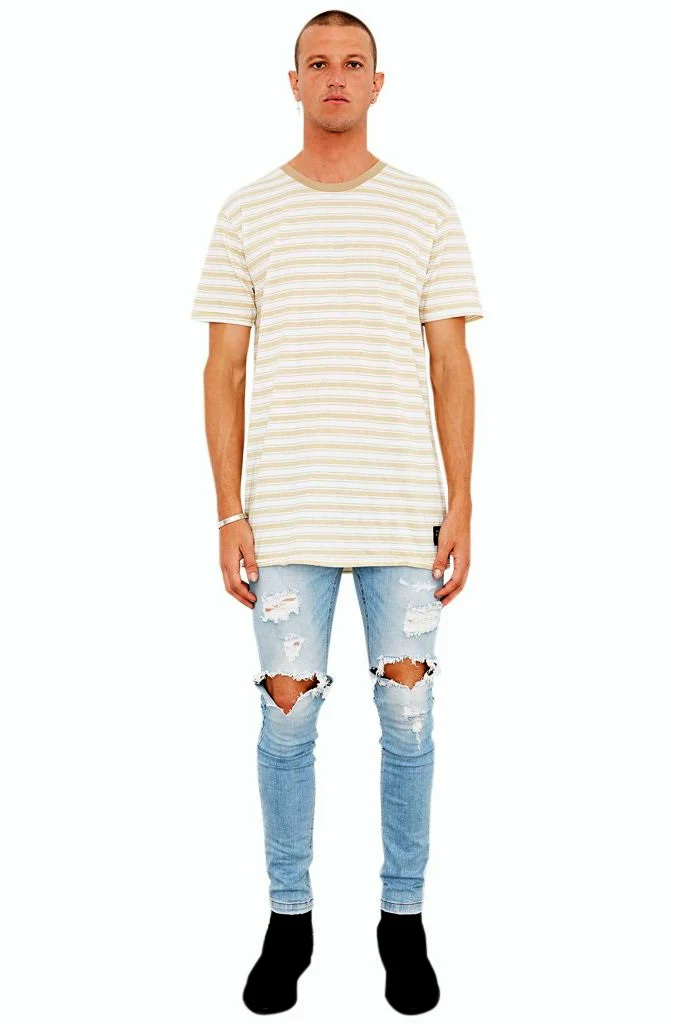 The People Vs MENS 1CM STRIPE TEE BEIGE WHITE - Image 4