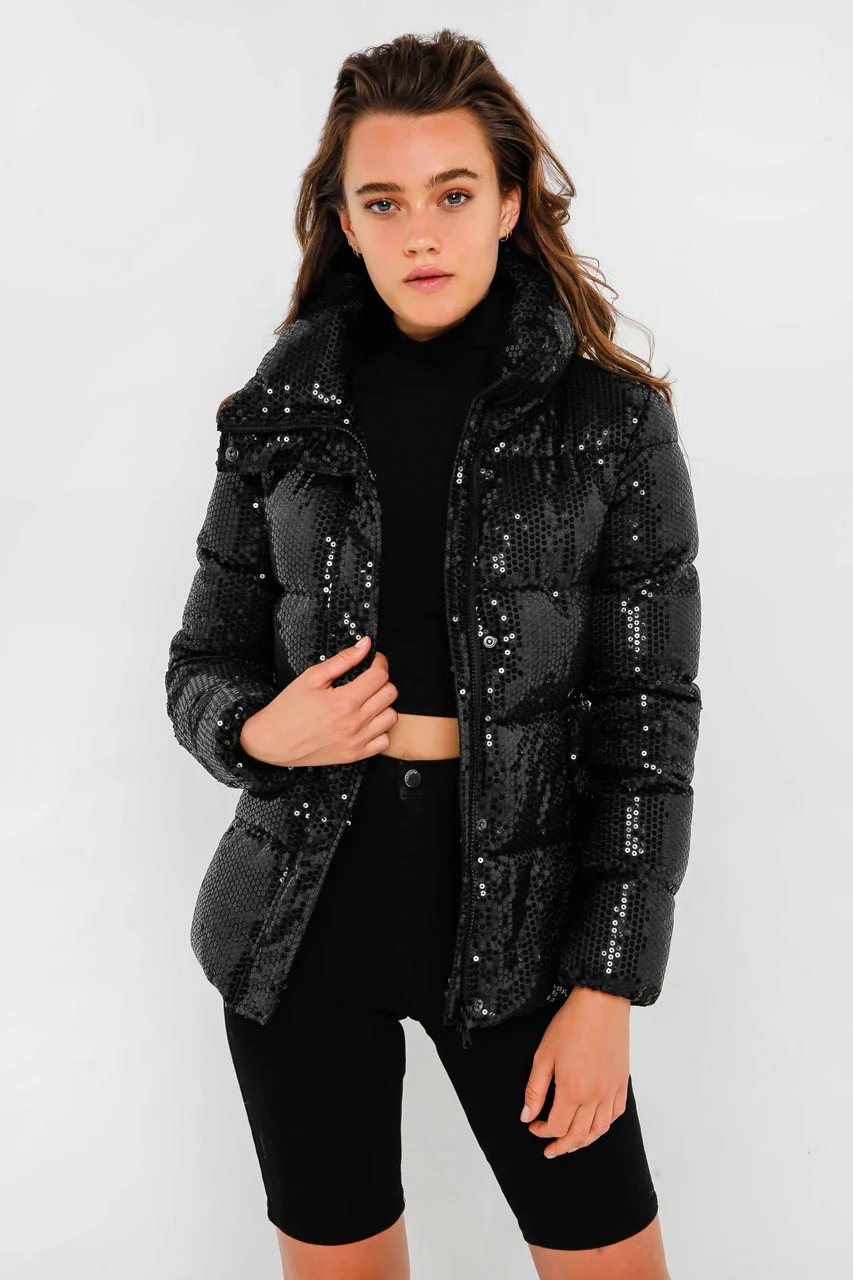 Unreal Fur WOMENS DESIRE SEQUIN PUFFER  JACKET BLACK - Image 2